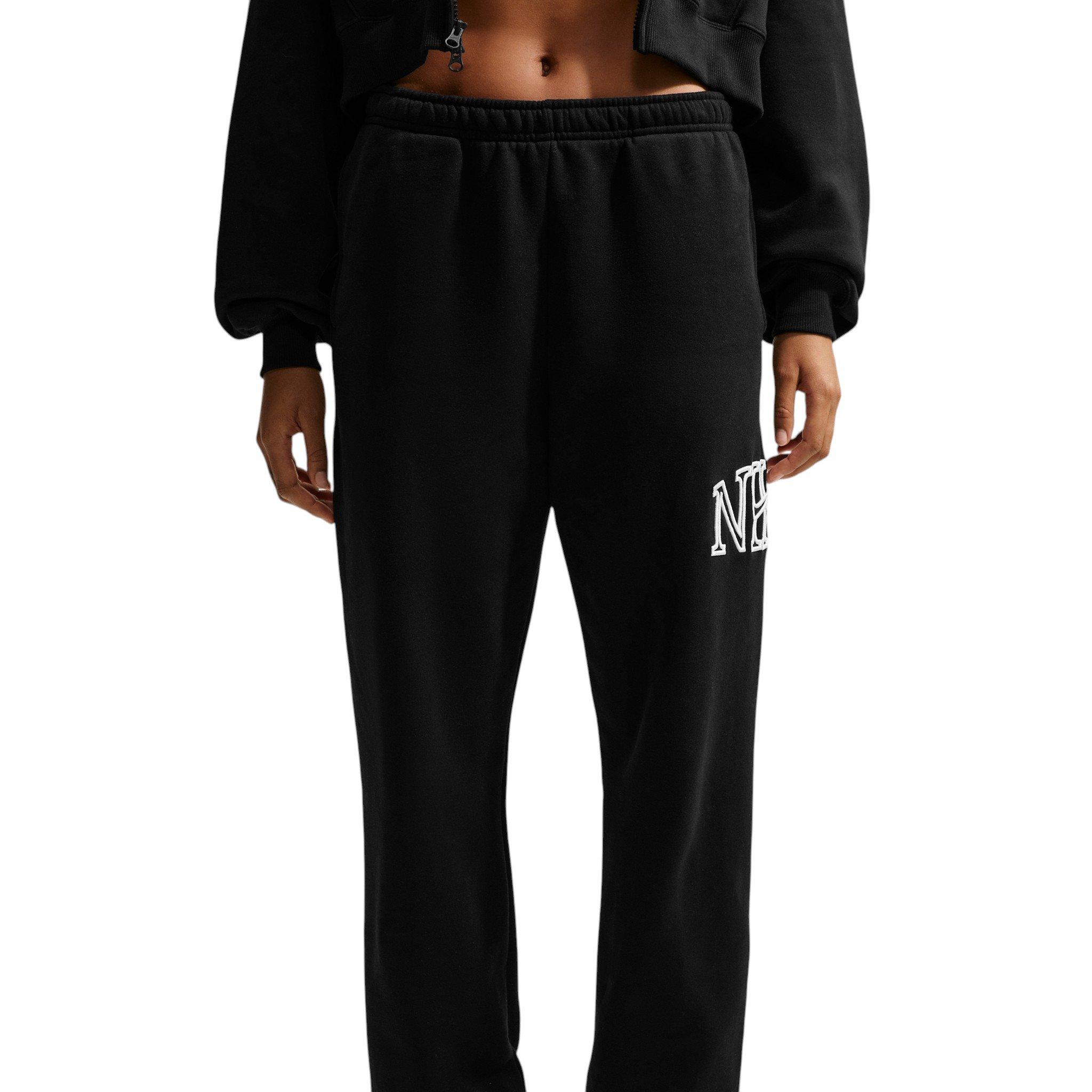Nike Women's Studio Fleece Med Weight "Graphic Pack" Oversized Cuffed Logo Pants - Black - BLACK